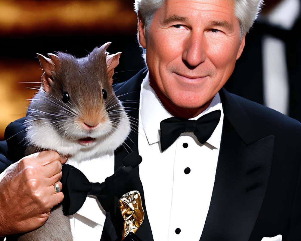 Man in black tuxedo with statuette and photoshopped hamster shoulder