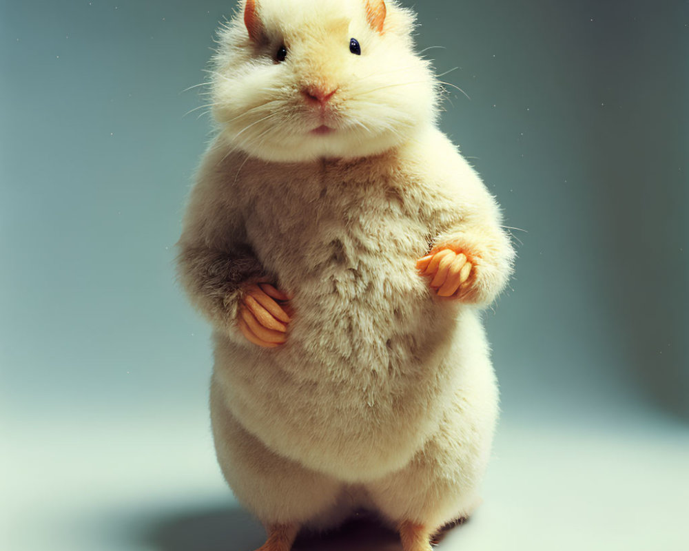 White and light brown chubby hamster standing on hind legs against blue-gray background