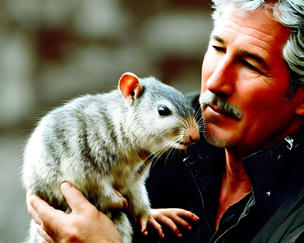 Gray-haired man smiling at large squirrel on his arm