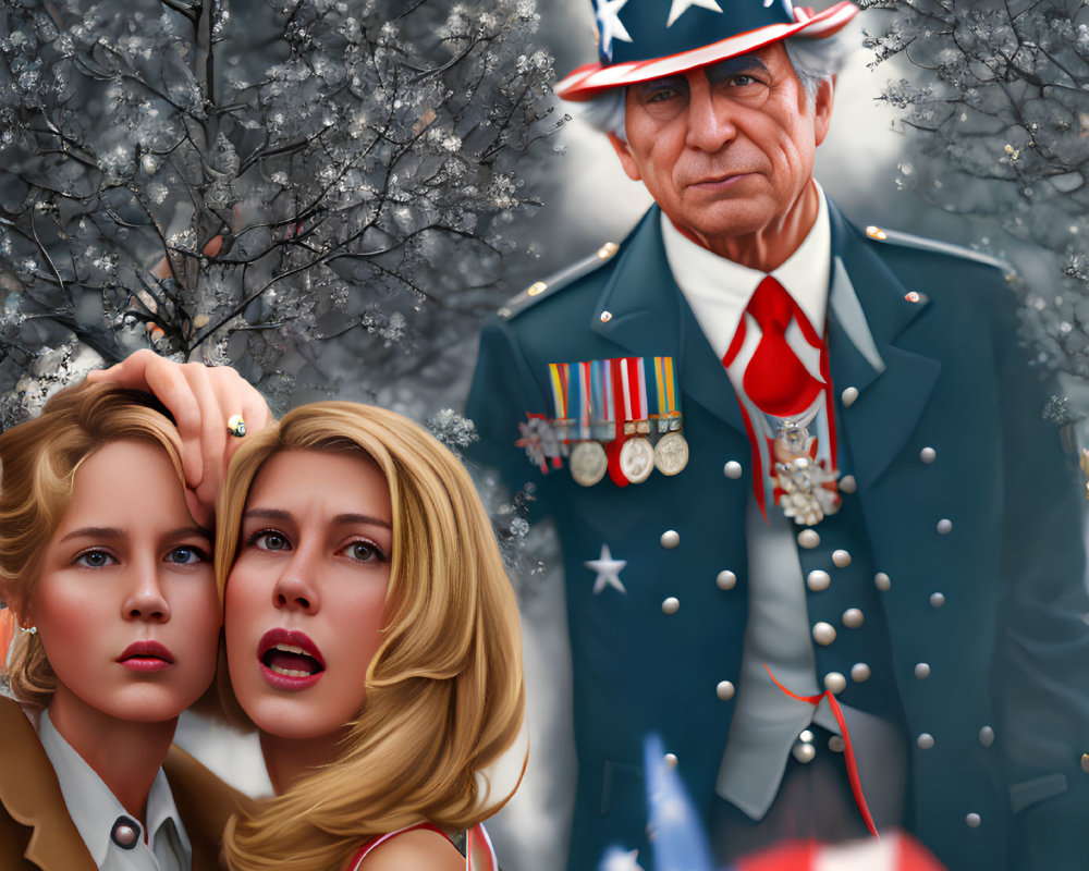 Illustration: Two anxious women and stern man in patriotic hat with military uniform, amid blossoming trees