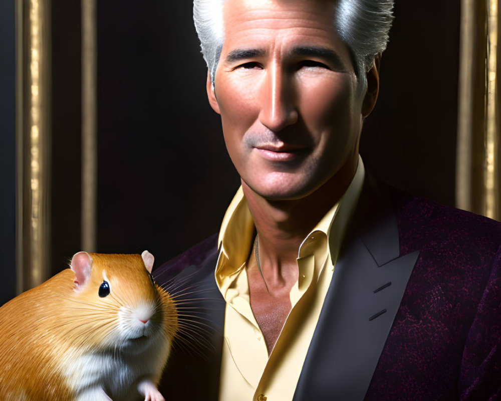 Elegant older man with silver hair in burgundy jacket holding hamster