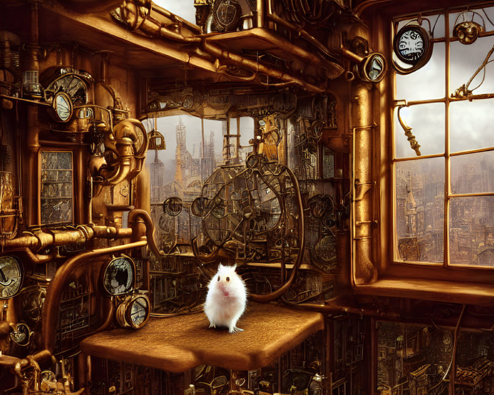 White hamster in steampunk room with gears and city view