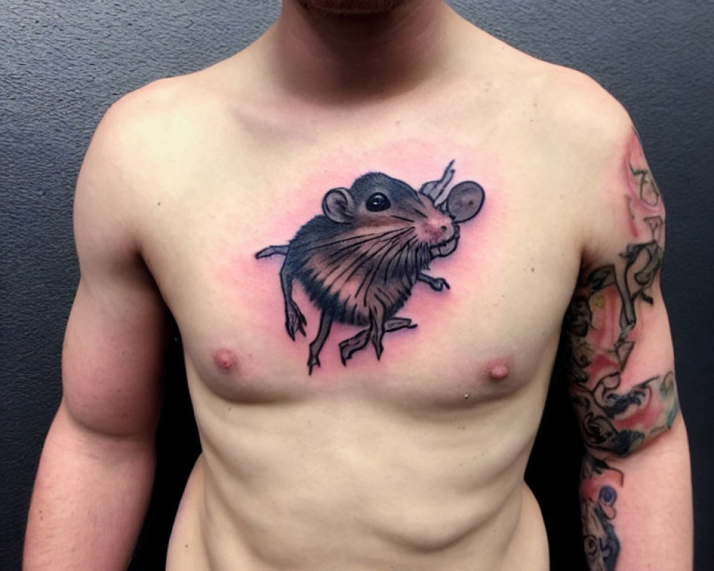 Brown rat with daisy tattoo on chest and sleeve peeking.