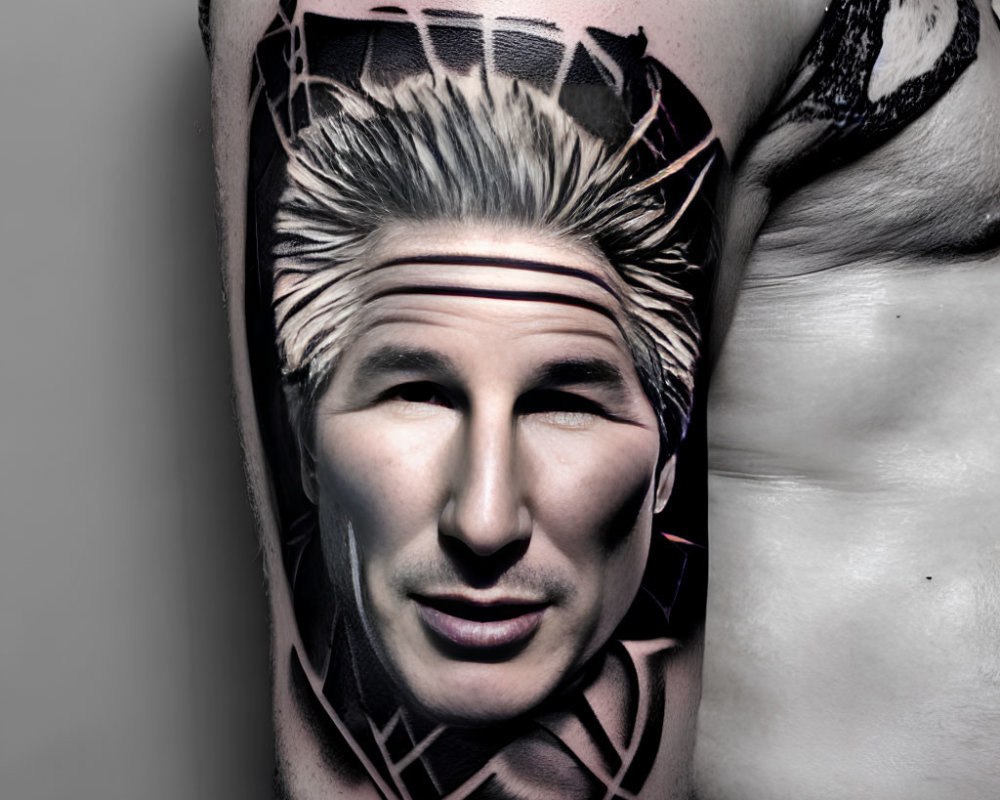 Detailed Black and Gray Stylized Male Face Tattoo on Upper Arm