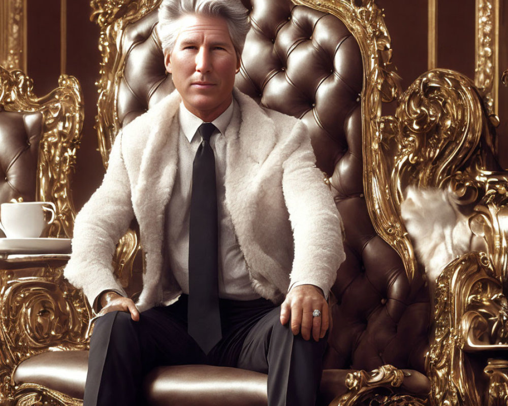 Regal figure in white fur coat on golden throne