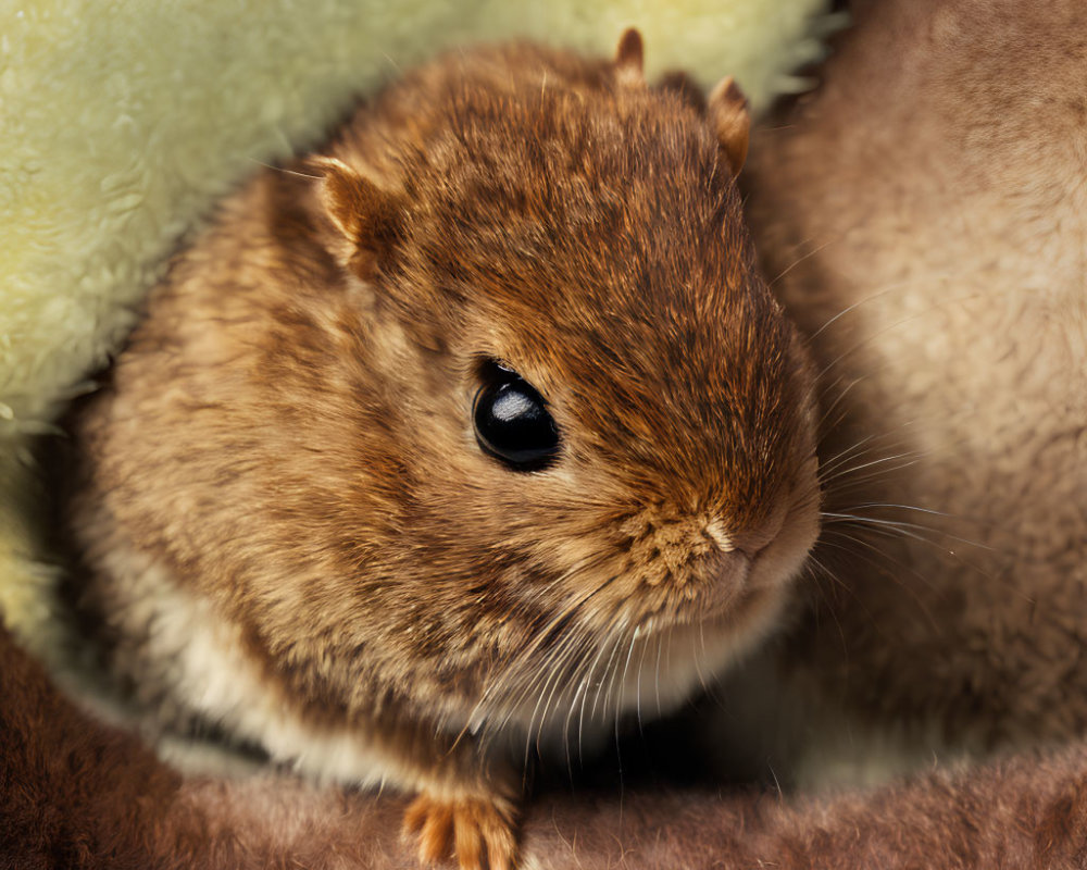 Brown gerbil in cozy blankets with bright eyes