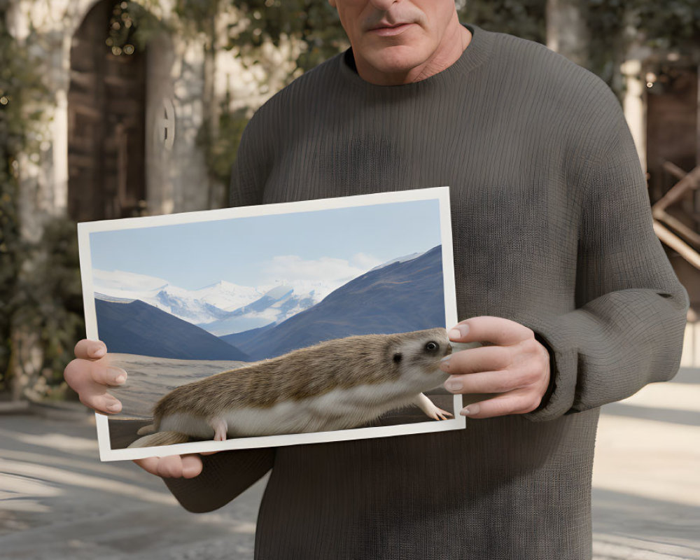 Gray-Haired Man Holding Mountain Landscape Photo with Animal