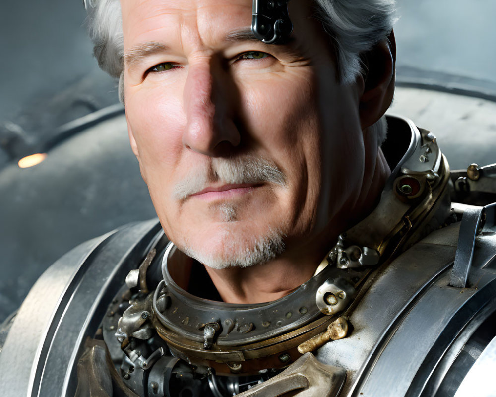 Elderly man in futuristic helmet with metallic armor gazes sideways