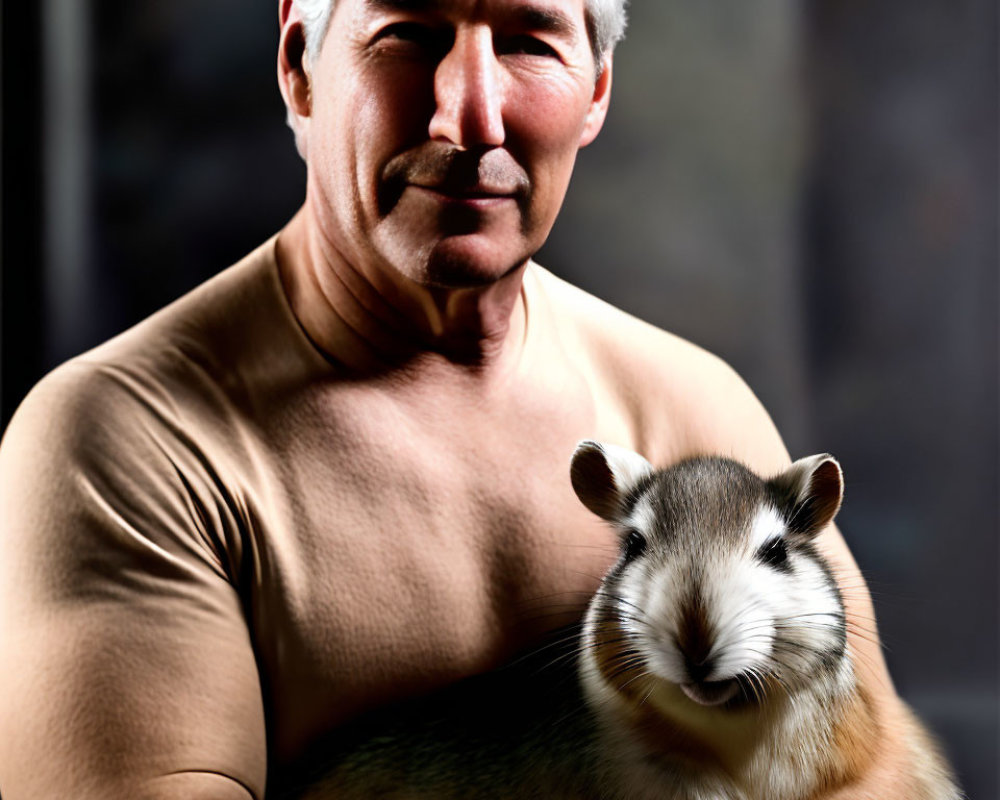 Elderly man with gray hair and mustache holding guinea pig