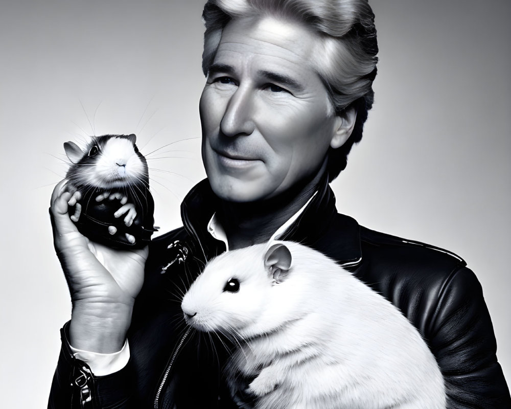 Man in leather jacket holding guinea pig with white rodent on gray background