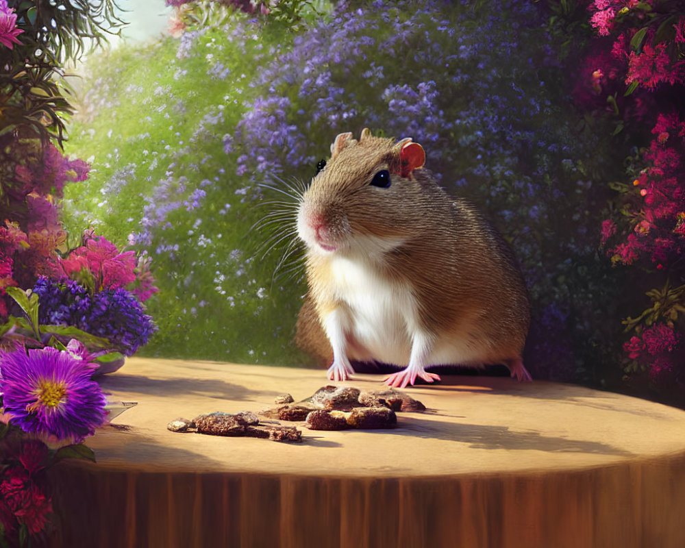 Chubby Mouse on Tree Stump with Purple Flowers and Cookies