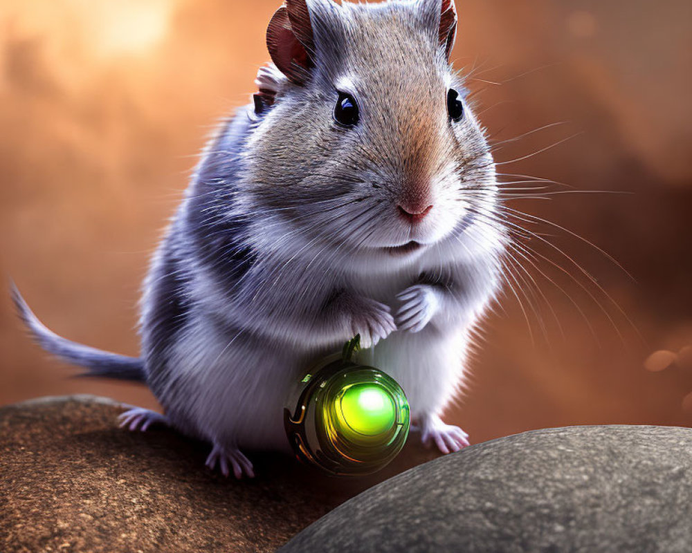 Digital artwork: Gerbil with futuristic green lantern on rock in warm, blurry setting