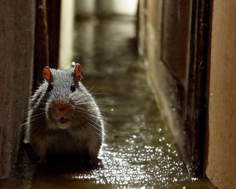 Curious rat in dimly lit corridor with reflective water