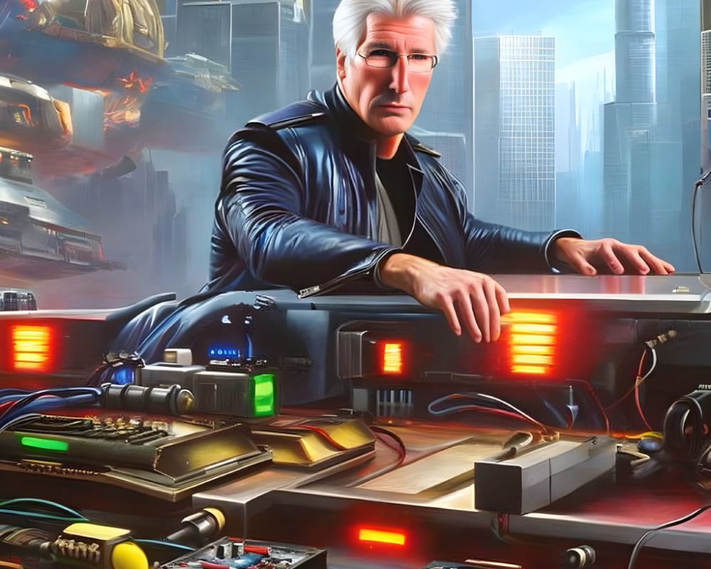 Silver-Haired Man DJing with Futuristic Equipment in City Skyline