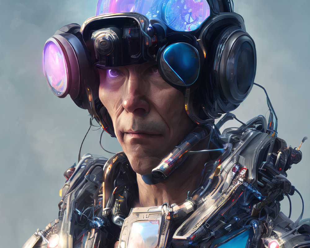 Futuristic individual in high-tech suit with glowing purple lenses