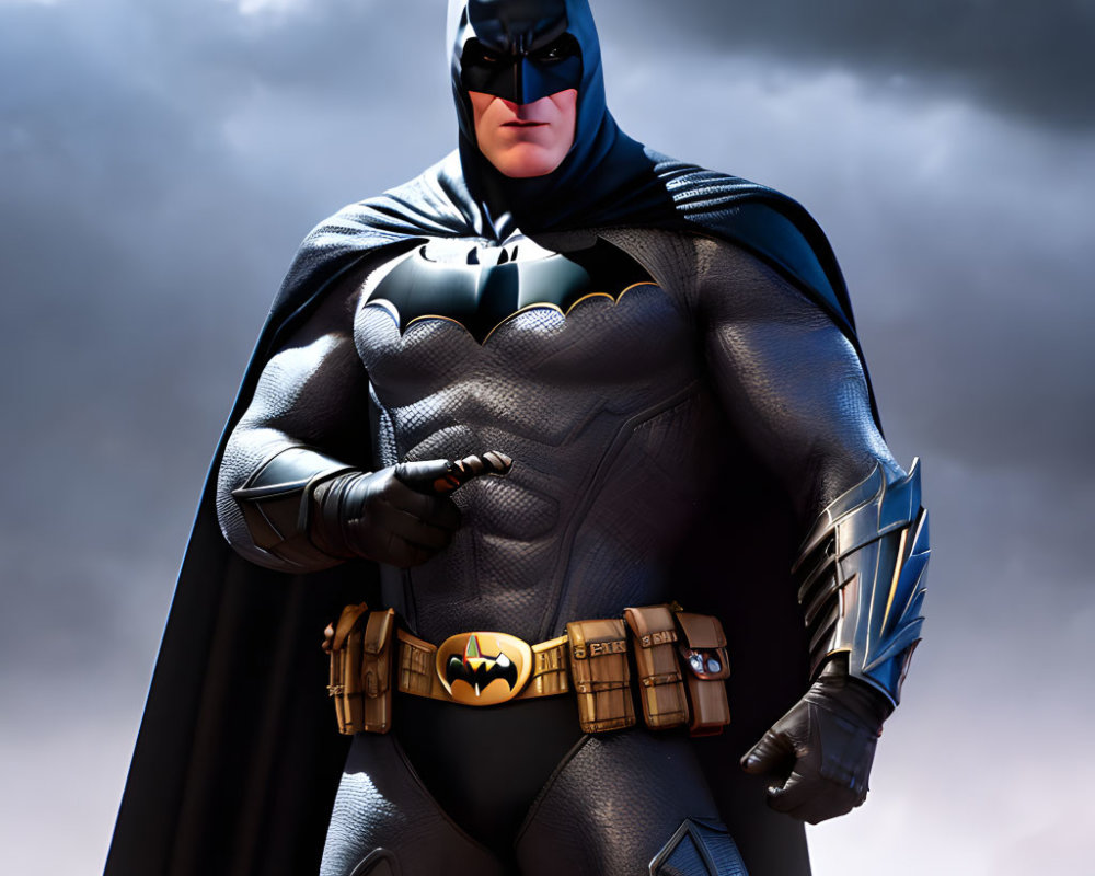 Superhero in Black Costume with Bat Emblem Against Stormy Sky