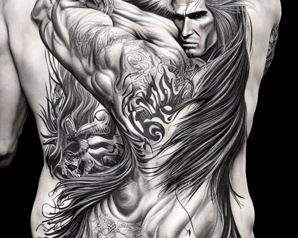 Detailed black and white drawing of muscular man with long hair and intricate tattoos.