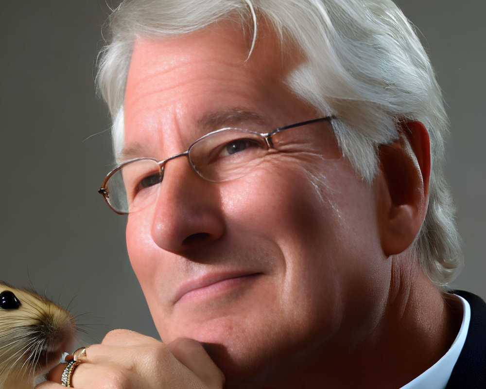 Elderly Man with White Hair Holding Guinea Pig on Grey Background