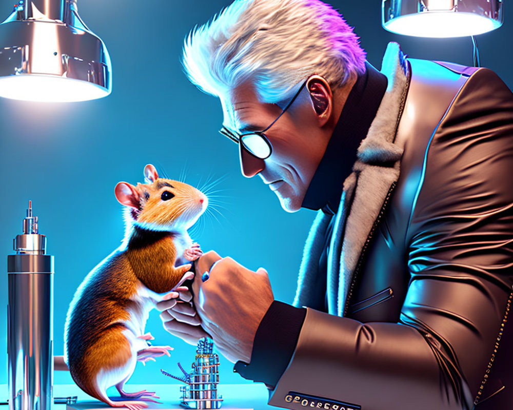 Silver-haired man with glasses holding sentient mouse in futuristic lab