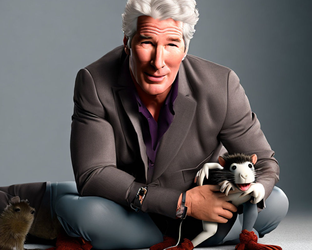 Silver-haired man in suit with smiling expression holding black and white rat, alongside a brown rodent.