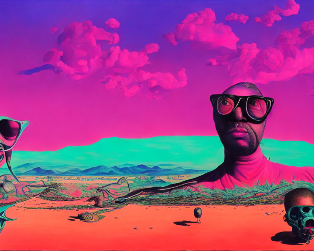 Colorful surreal landscape with oversized glasses, melting clock, floating clouds