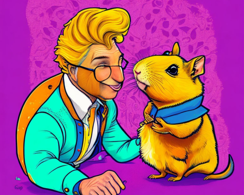 Smiling man with glasses and guinea pig in stylized illustration