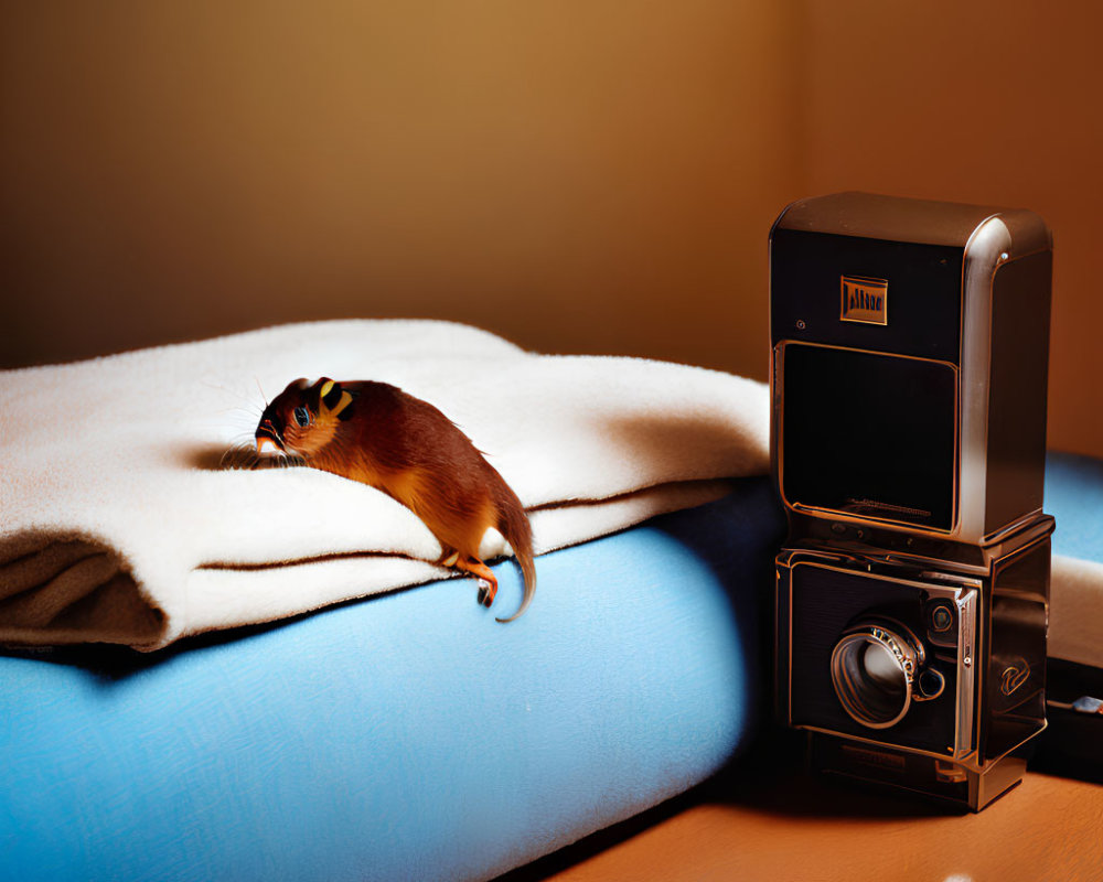 Ferret on Blue Cushion Near Vintage Camera in Warm Lighting