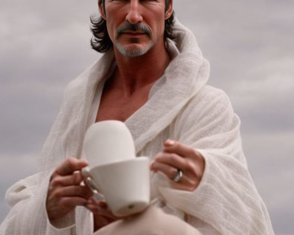 Gray-Haired Man in White Robe Holding Large Cup