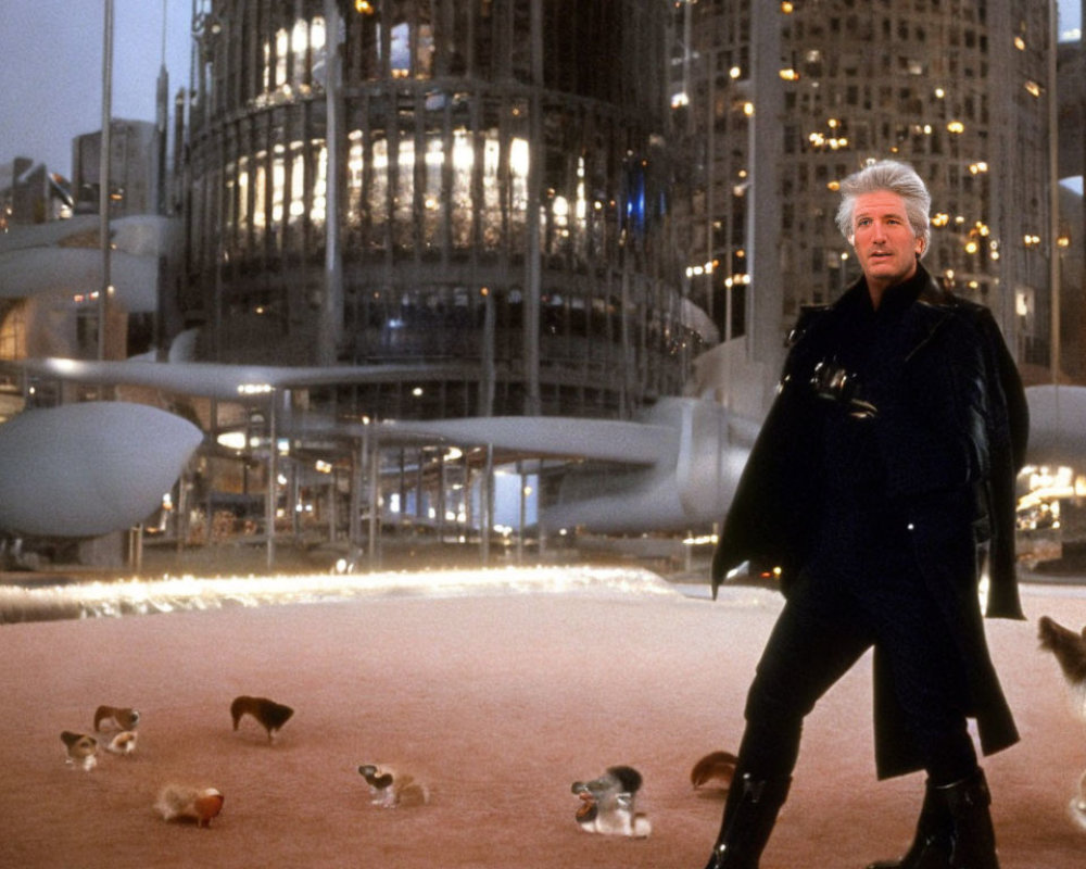 Man in Black Coat Surrounded by Cats on Pink Carpet with Futuristic Cityscape