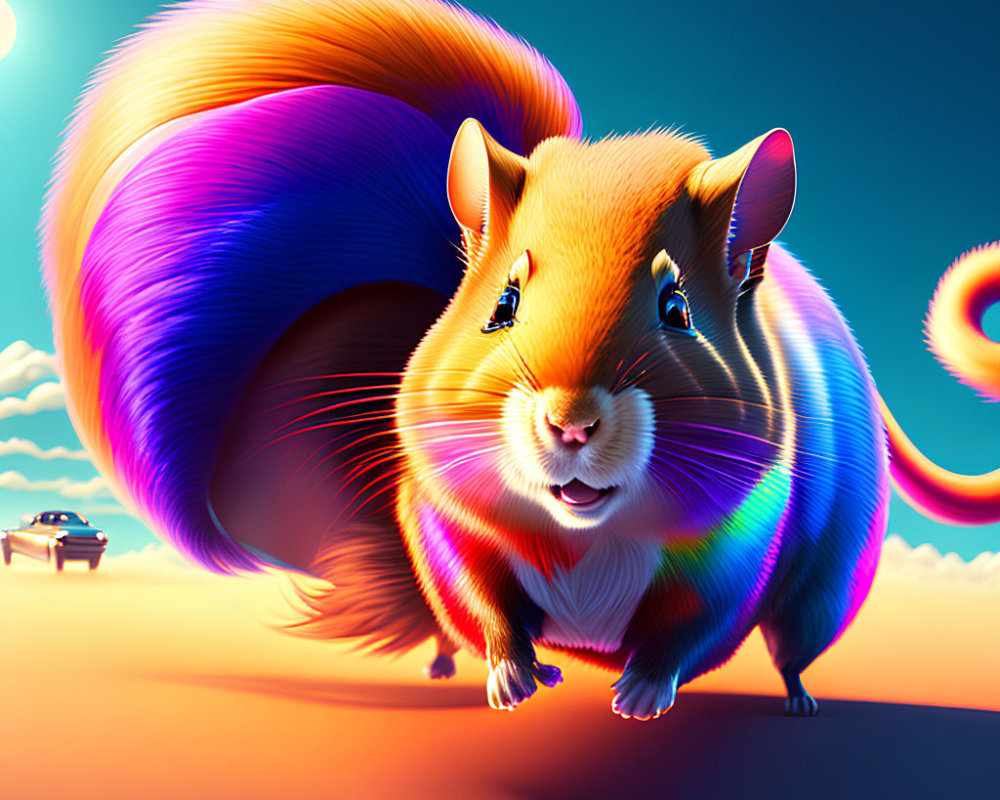 Colorful surreal illustration: Exaggerated squirrel in desert sunset