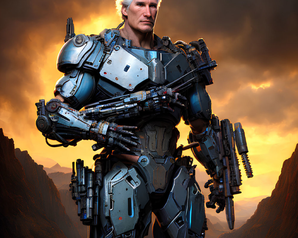 Silver-haired man in advanced robotic exoskeleton at sunset mountains.