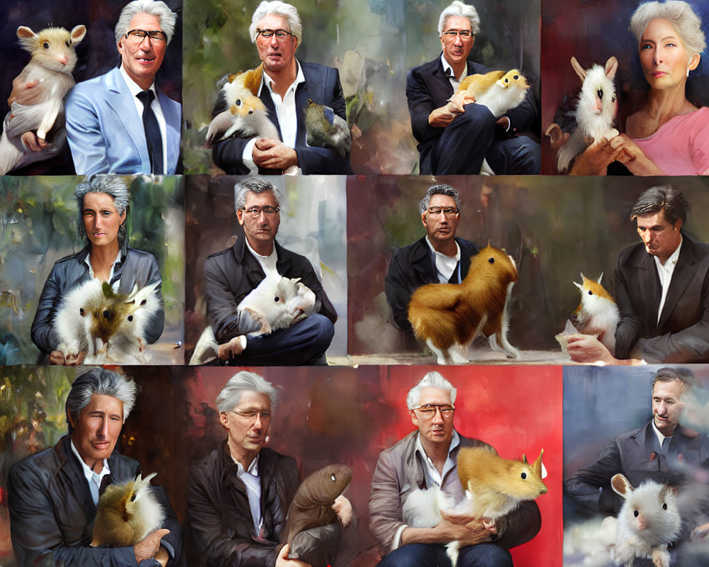 Twelve portraits featuring individuals with animals of various sizes and abstract backgrounds