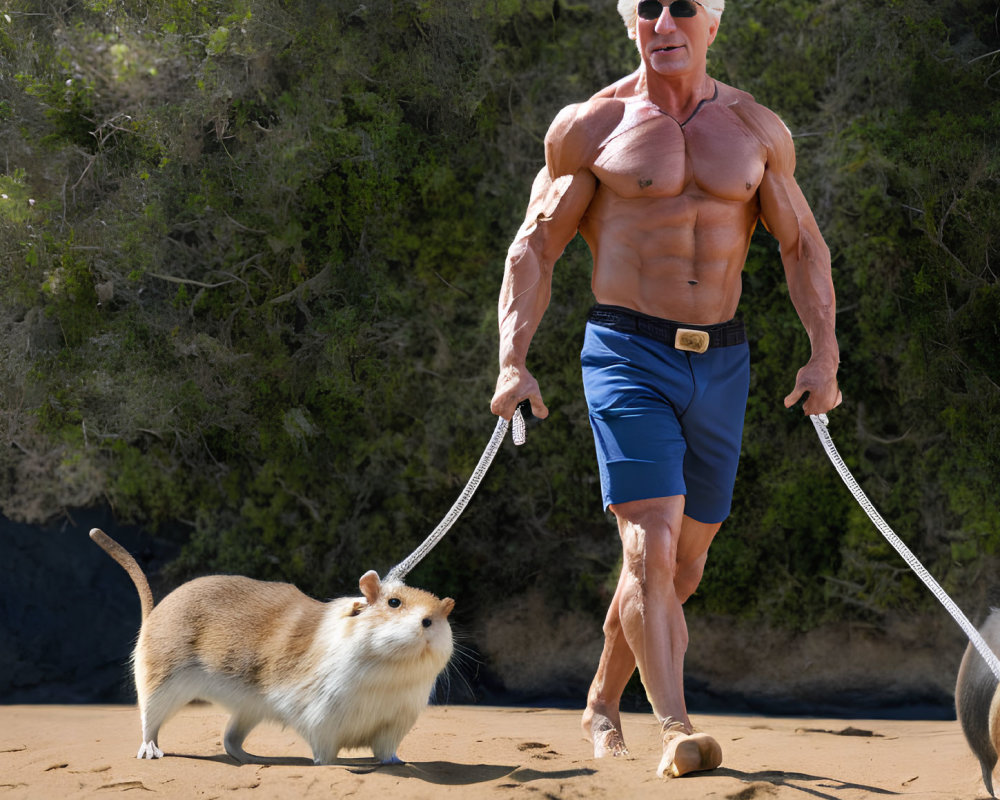 Elderly man with white hair walking on beach with giant hamsters