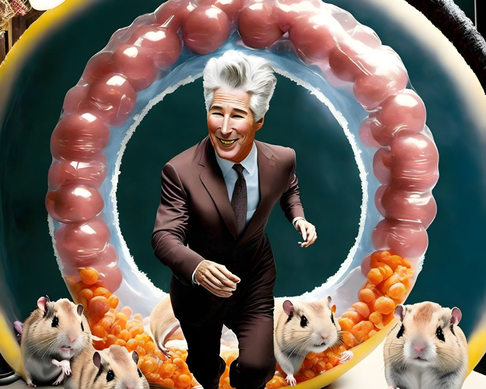 Silver-Haired Man in Brown Suit Surrounded by Oversized Food and Rodents