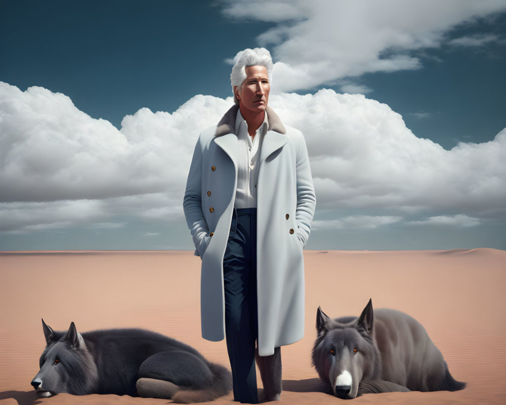 Silver-haired man in desert with wolves under cloudy sky