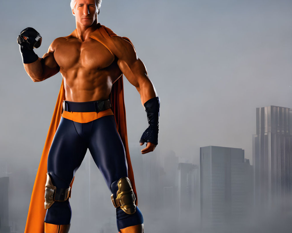 Muscular animated superhero with silver hair, blue suit, orange cape, and gloves in misty city