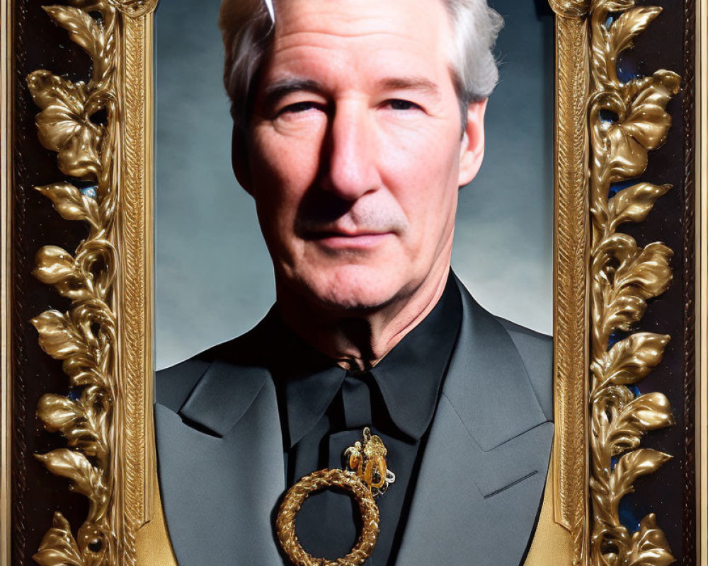 Portrait of Man with White Hair in Black Suit & Golden Frame with Decorative Key