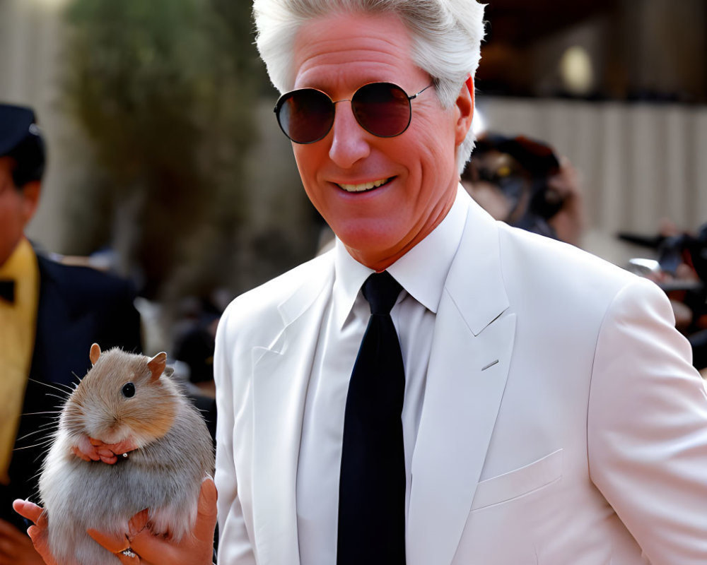 Silver-Haired Man in White Suit Smiling with Cute Hamster