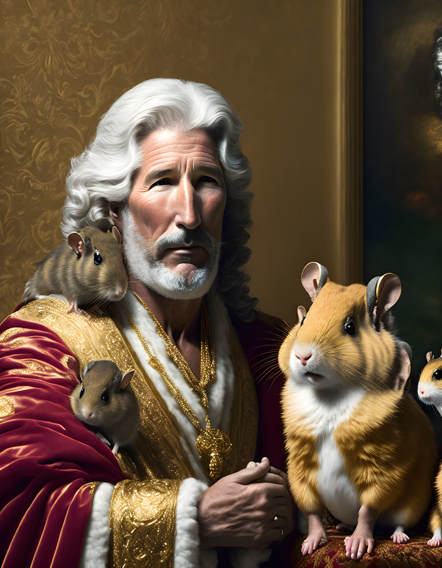 Surreal portrait of man with white hair in regal attire with life-sized hamsters