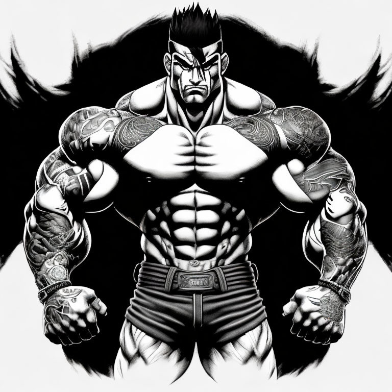 Monochrome illustration of muscular, tattooed man with mohawk and clenched fists.