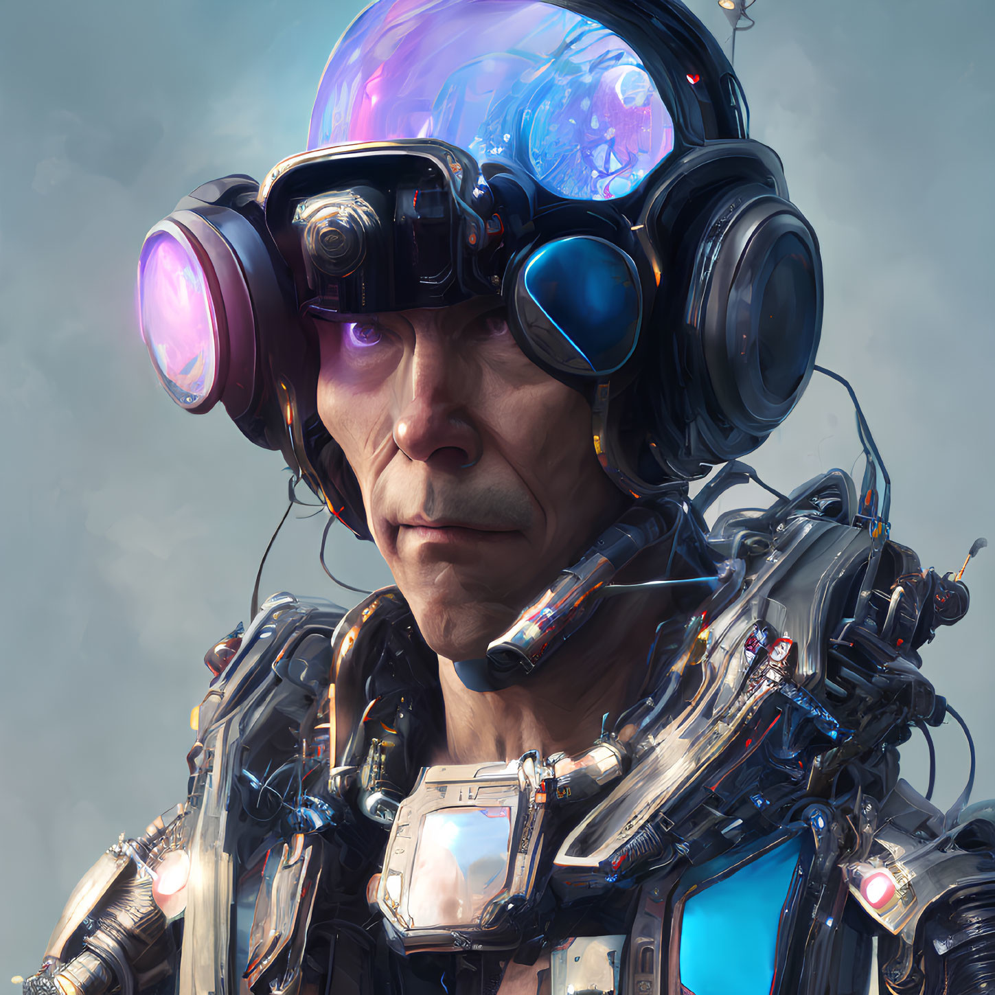 Futuristic individual in high-tech suit with glowing purple lenses