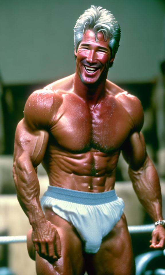 Muscular figure in vibrant mask and towel, displaying exaggerated physique in gym.