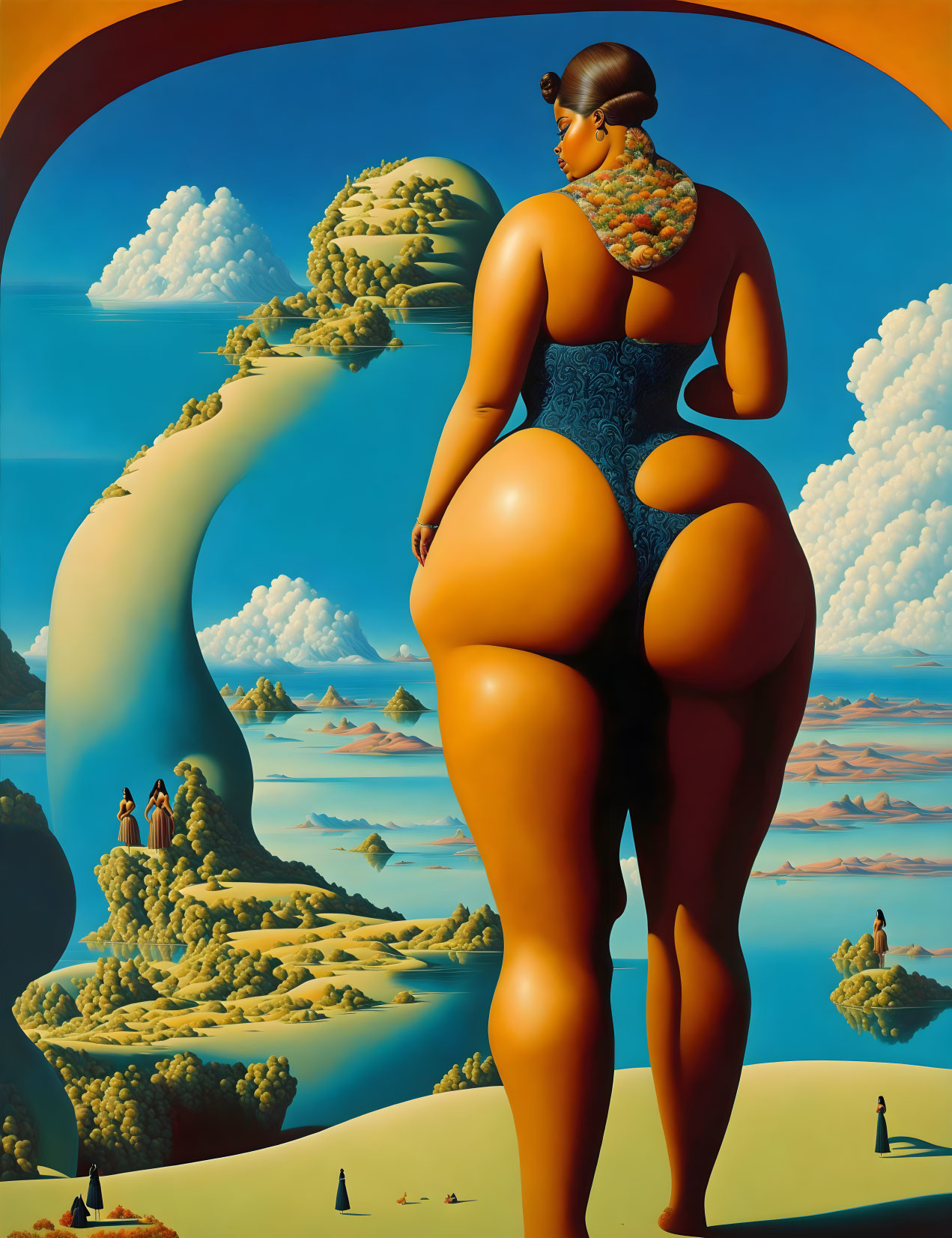 Surreal painting of woman in blue lingerie with exaggerated curves and sandy paths to distant islands