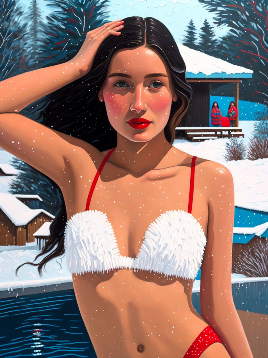 Woman in red bikini by snowy poolside and cabin scenery.