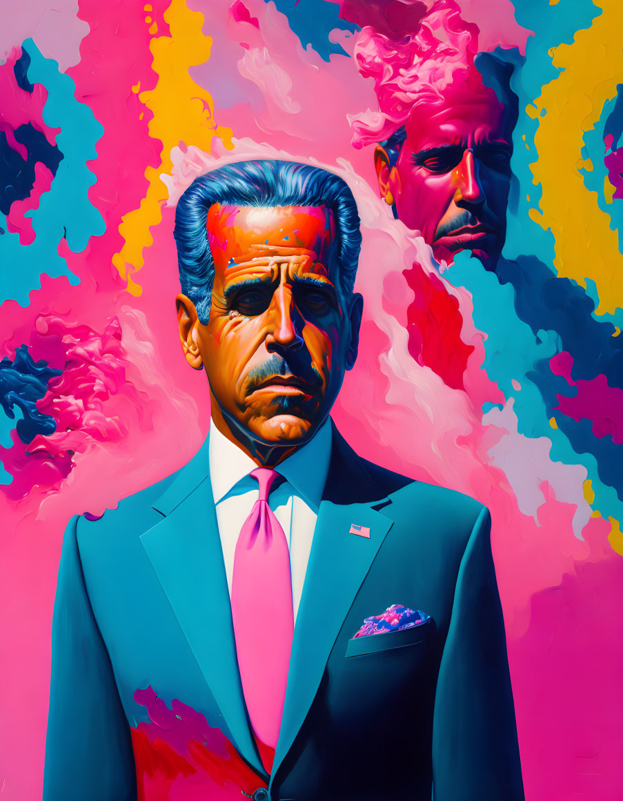 Colorful portrait of a man in turquoise suit against swirling pink and blue backdrop with shadowy profile.