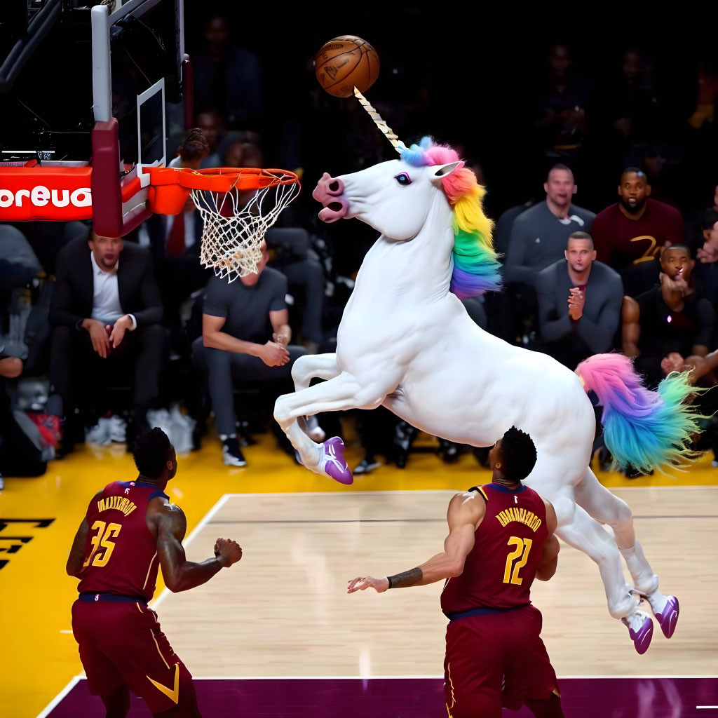 Rainbow-maned unicorn slam dunks over amazed basketball players