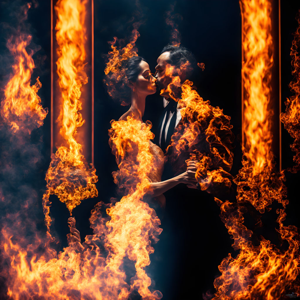 Formal attire couple embracing in fiery ring with intense flames