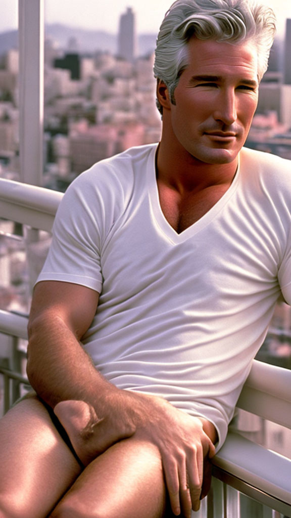 Silver-Haired Man in White T-Shirt Sitting on Railing with Cityscape Background