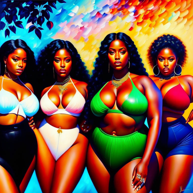 Colorful painting featuring four women in stylish swimwear and lush foliage