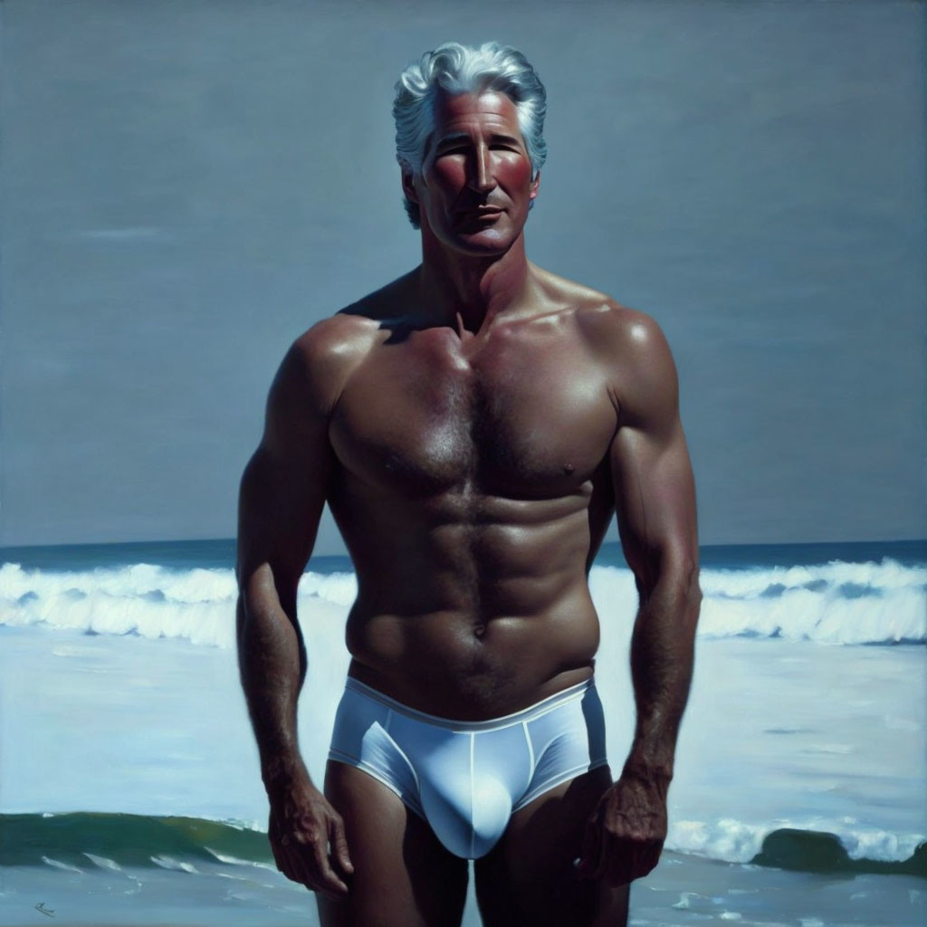 Gray-Haired Muscular Man in White Swim Briefs on Beach